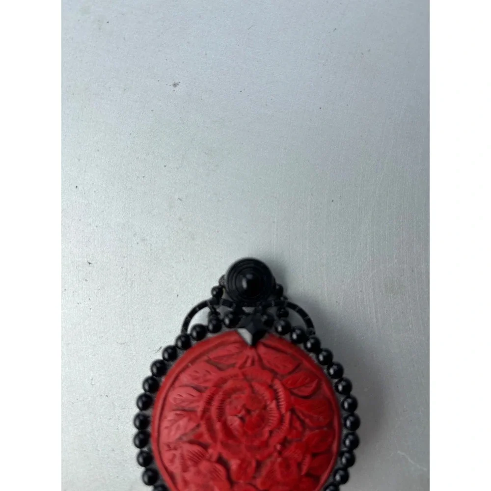 Vintage Red Carved Rose Cinnabar Style Brooch Black Beaded Floral‎ Pin 2 Inch